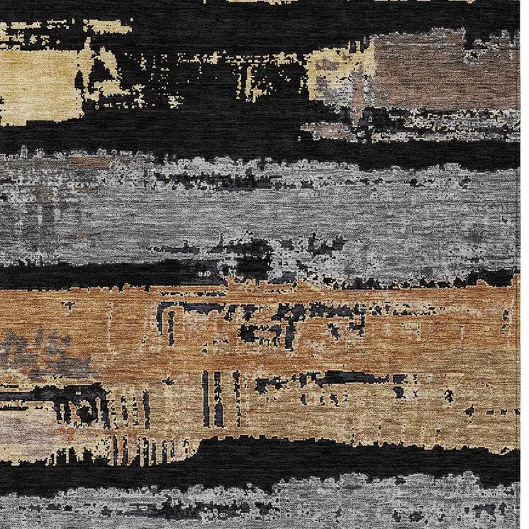 3' X 5' Black Gold And Brown Striped Washable Indoor Outdoor Area Rug