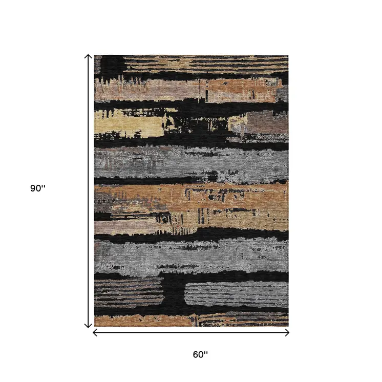 5' X 8' Black Gold And Brown Striped Washable Indoor Outdoor Area Rug