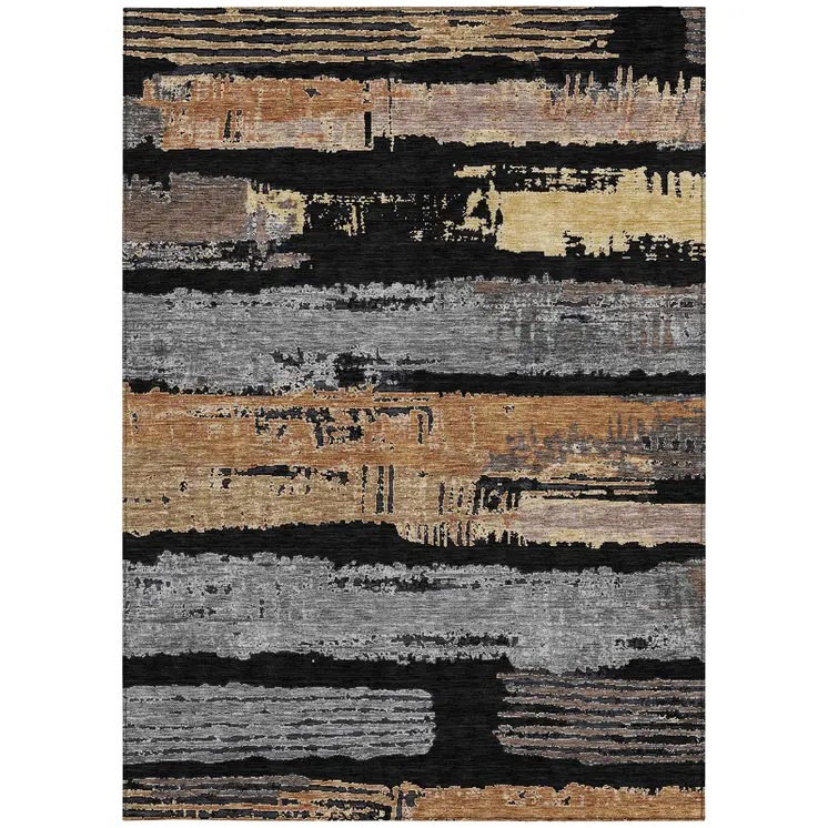 5' X 8' Black Gold And Brown Striped Washable Indoor Outdoor Area Rug