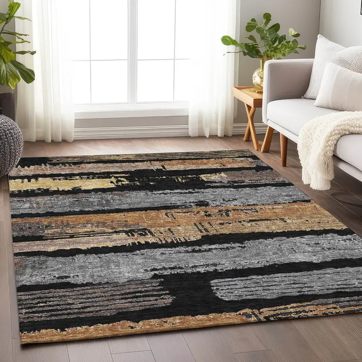 5' X 8' Black Gold And Brown Striped Washable Indoor Outdoor Area Rug