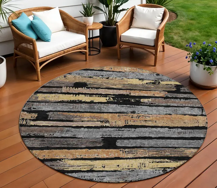 8' Black Gold And Brown Round Striped Washable Indoor Outdoor Area Rug
