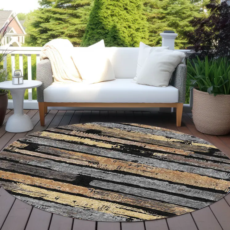 8' Black Gold And Brown Round Striped Washable Indoor Outdoor Area Rug