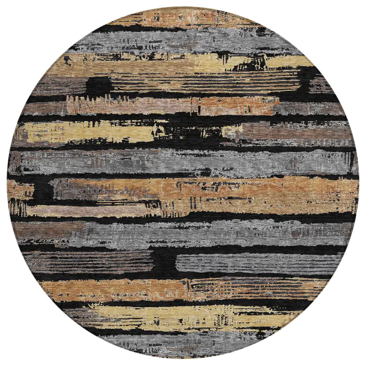 8' Black Gold And Brown Round Striped Washable Indoor Outdoor Area Rug