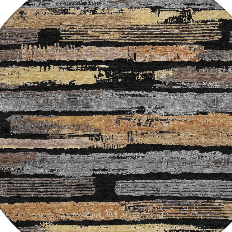 8' Black Gold And Brown Round Striped Washable Indoor Outdoor Area Rug