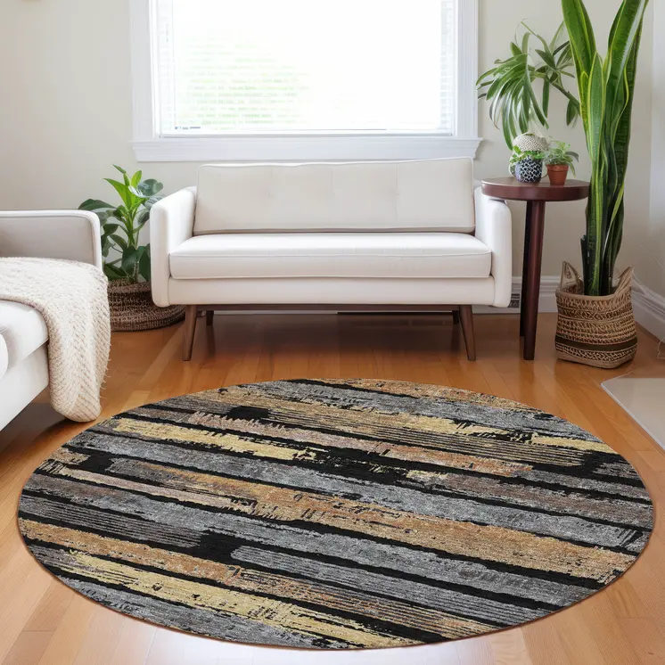8' Black Gold And Brown Round Striped Washable Indoor Outdoor Area Rug