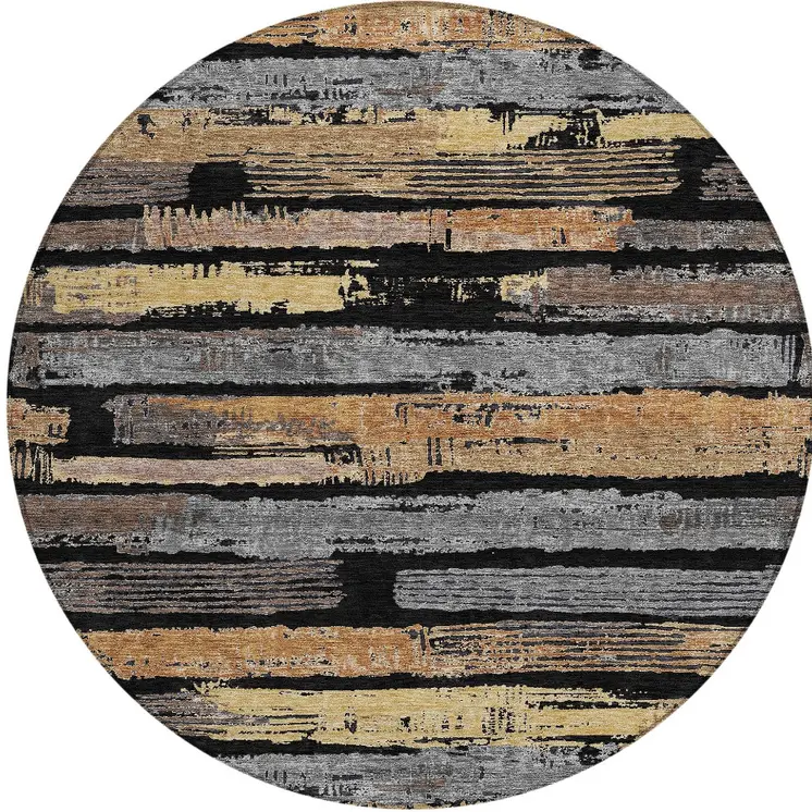8' Black Gold And Brown Round Striped Washable Indoor Outdoor Area Rug