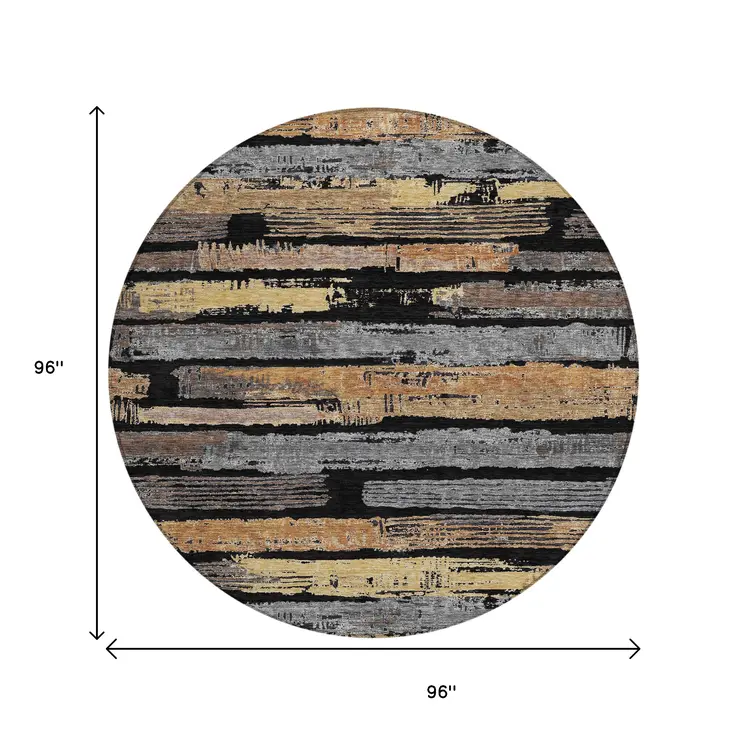 8' Black Gold And Brown Round Striped Washable Indoor Outdoor Area Rug
