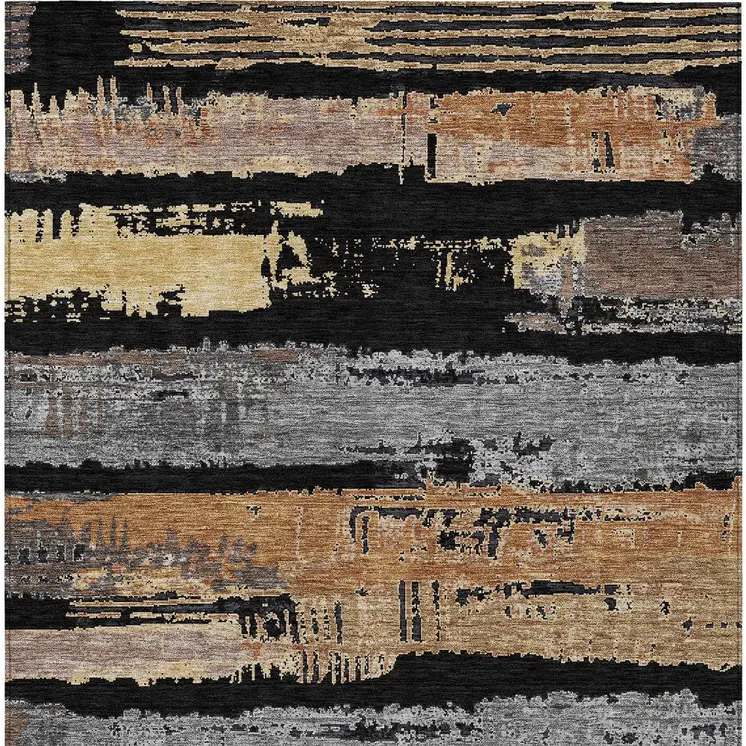 8' X 10' Black Gold And Brown Striped Washable Indoor Outdoor Area Rug