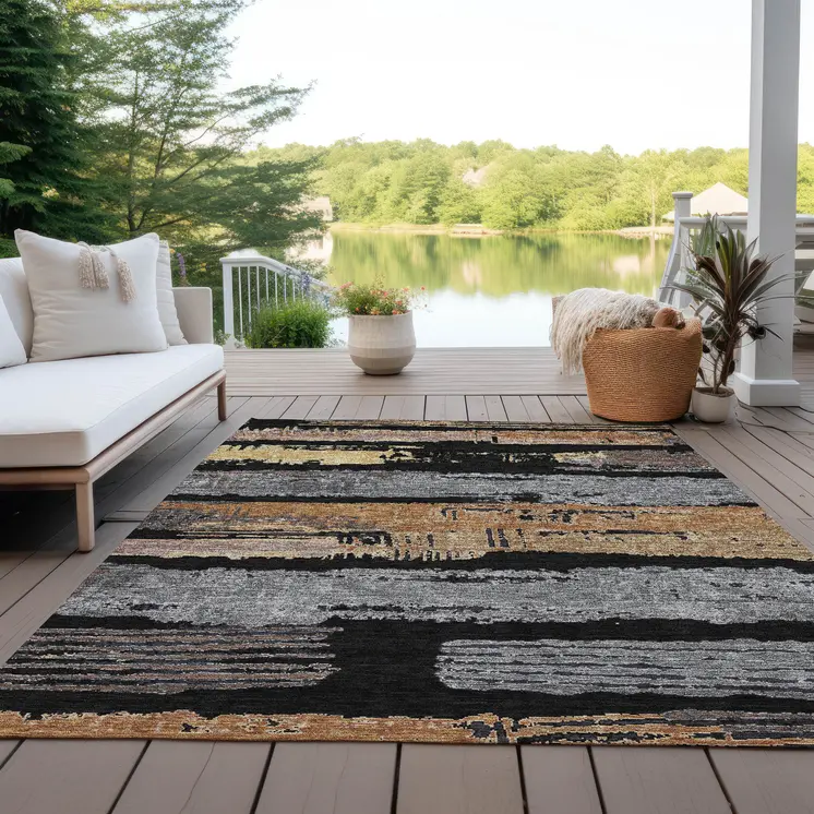 9' X 12' Black Gold And Brown Striped Washable Indoor Outdoor Area Rug