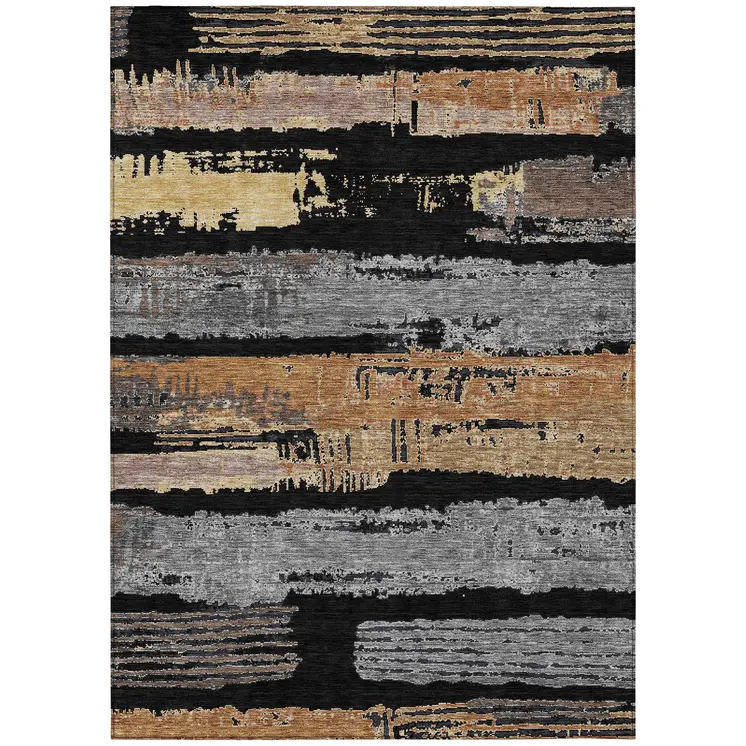 9' X 12' Black Gold And Brown Striped Washable Indoor Outdoor Area Rug