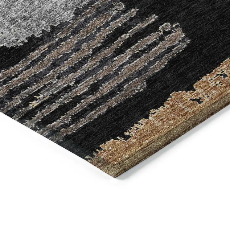 9' X 12' Black Gold And Brown Striped Washable Indoor Outdoor Area Rug