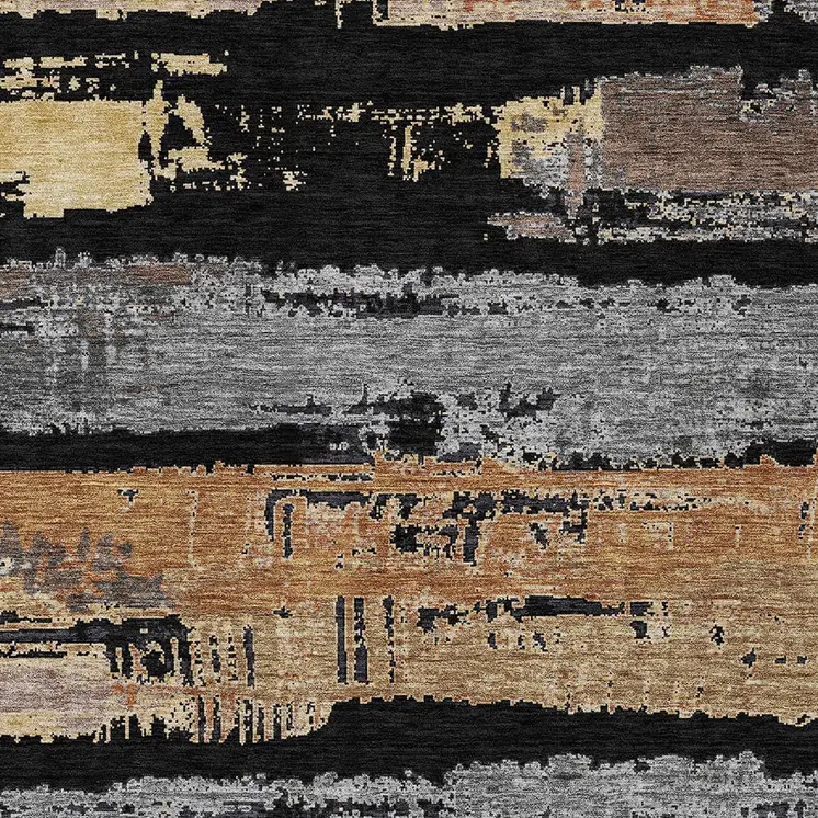 9' X 12' Black Gold And Brown Striped Washable Indoor Outdoor Area Rug