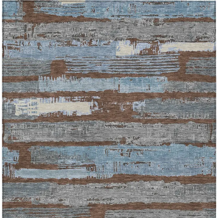 3' X 5' Chocolate Blue And Beige Striped Washable Indoor Outdoor Area Rug