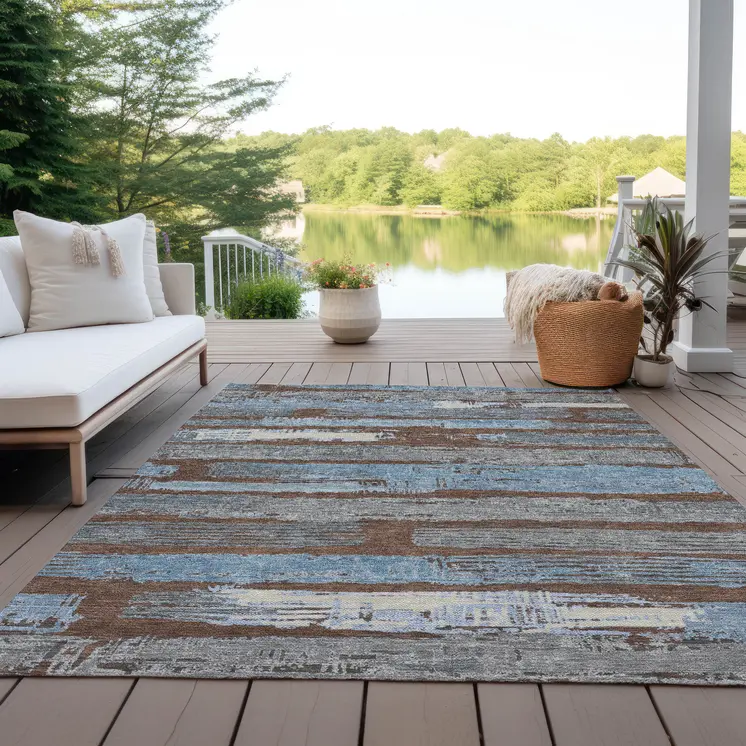 3' X 5' Chocolate Blue And Beige Striped Washable Indoor Outdoor Area Rug