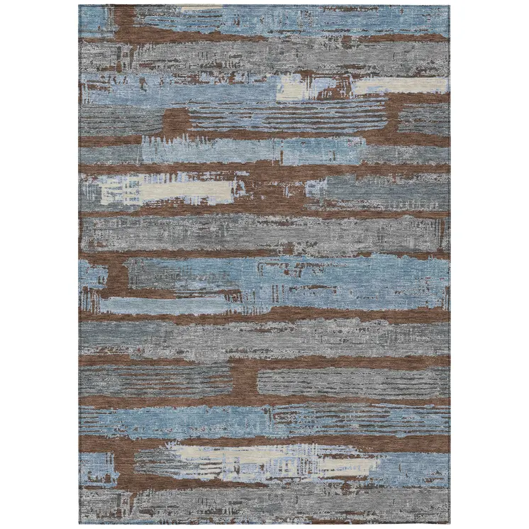 3' X 5' Chocolate Blue And Beige Striped Washable Indoor Outdoor Area Rug