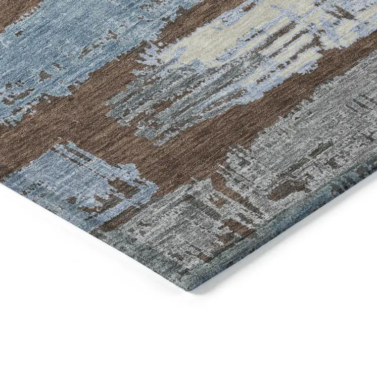 3' X 5' Chocolate Blue And Beige Striped Washable Indoor Outdoor Area Rug