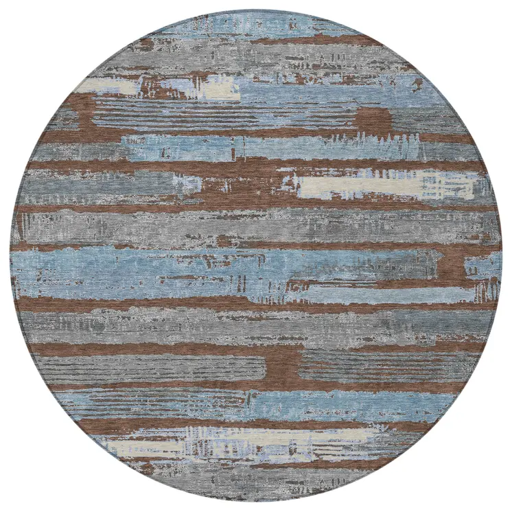 8' Chocolate Blue And Beige Round Striped Washable Indoor Outdoor Area Rug