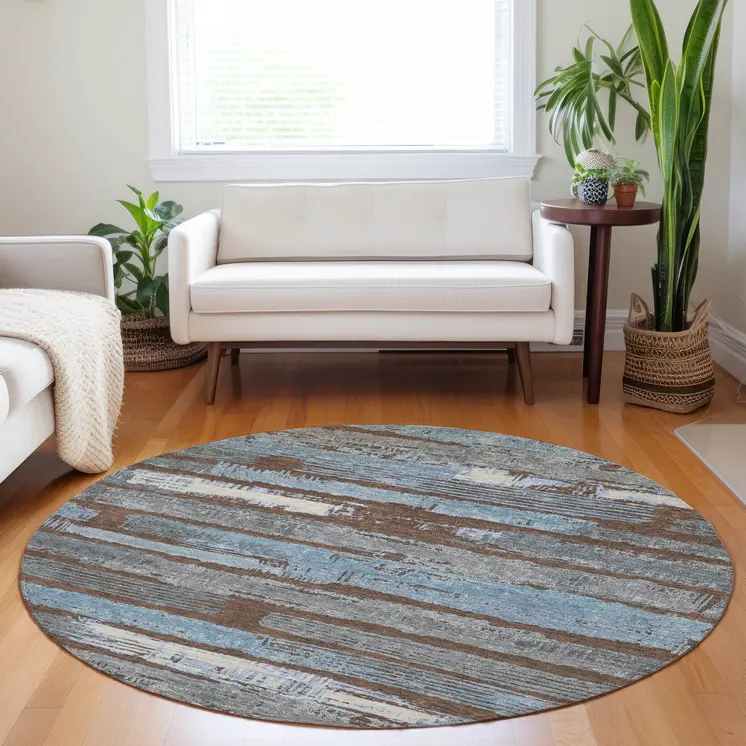 8' Chocolate Blue And Beige Round Striped Washable Indoor Outdoor Area Rug