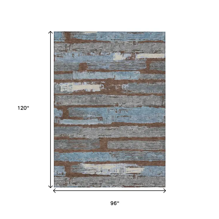 8' X 10' Chocolate Blue And Beige Striped Washable Indoor Outdoor Area Rug