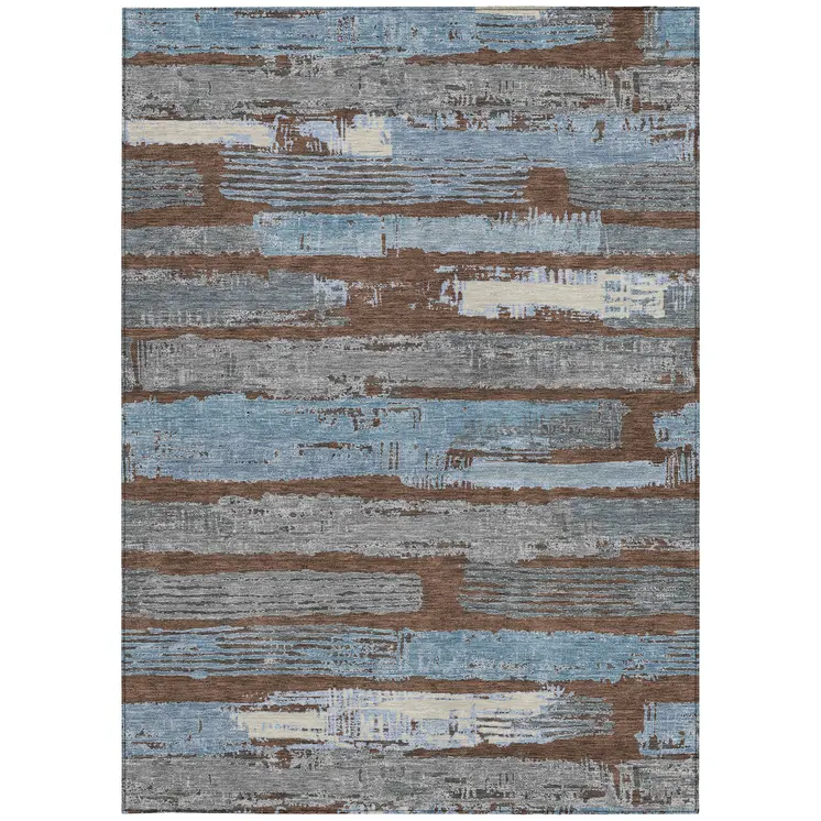 9' X 12' Chocolate Blue And Beige Striped Washable Indoor Outdoor Area Rug