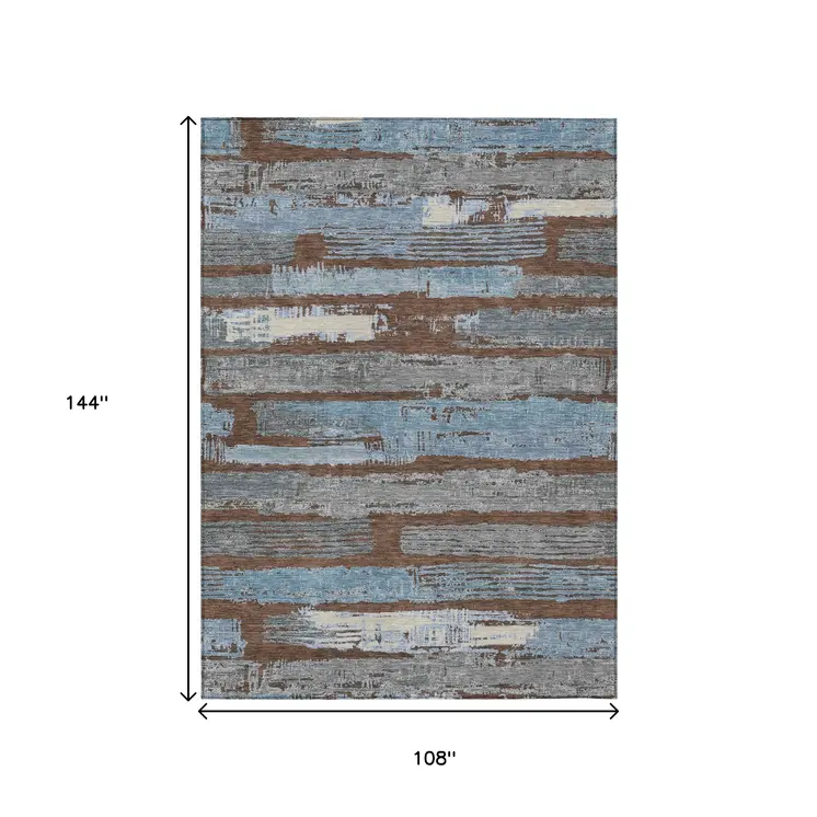 9' X 12' Chocolate Blue And Beige Striped Washable Indoor Outdoor Area Rug