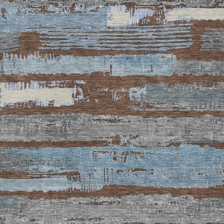 10' X 14' Chocolate Blue And Beige Striped Washable Indoor Outdoor Area Rug