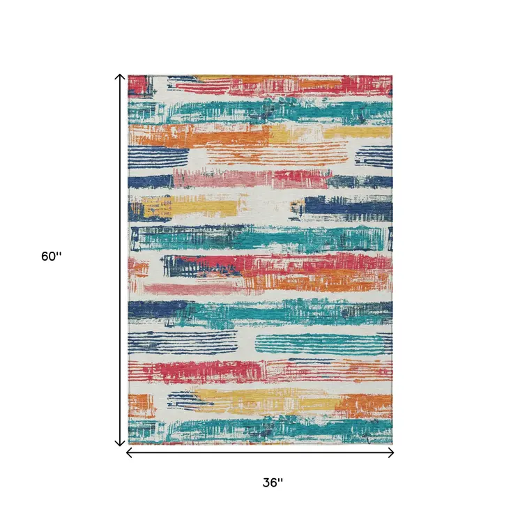 3' X 5' Ivory Teal Blue Orange And Red Striped Washable Indoor Outdoor Area Rug