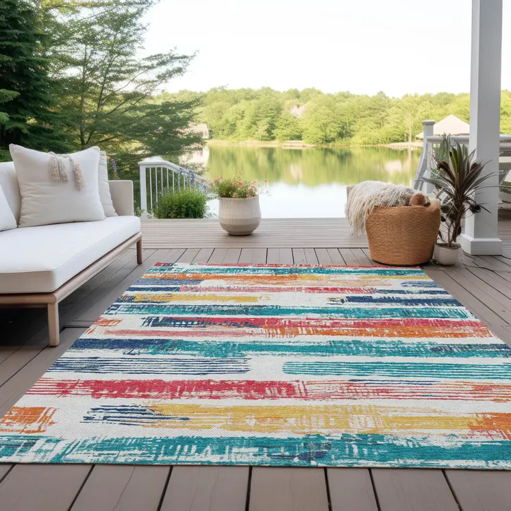 3' X 5' Ivory Teal Blue Orange And Red Striped Washable Indoor Outdoor Area Rug