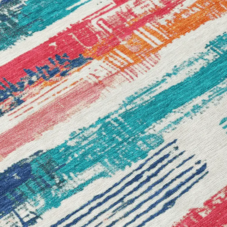 3' X 5' Ivory Teal Blue Orange And Red Striped Washable Indoor Outdoor Area Rug