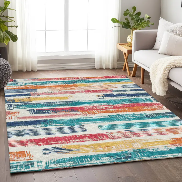 3' X 5' Ivory Teal Blue Orange And Red Striped Washable Indoor Outdoor Area Rug