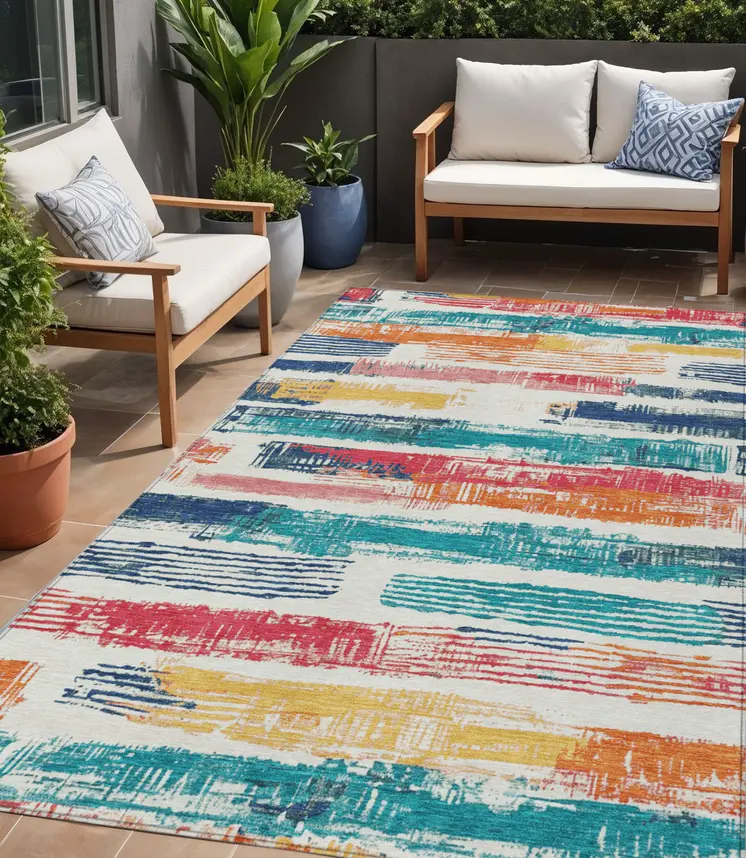 5' X 8' Ivory Teal Blue Orange And Red Striped Washable Indoor Outdoor Area Rug
