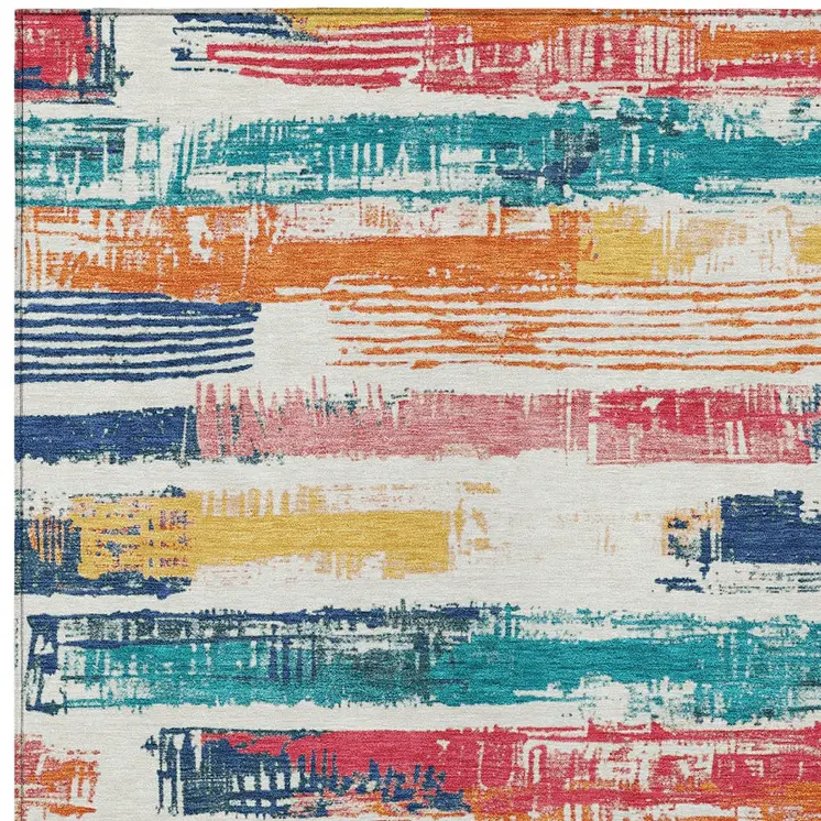 8' X 10' Ivory Teal Blue Orange And Red Striped Washable Indoor Outdoor Area Rug