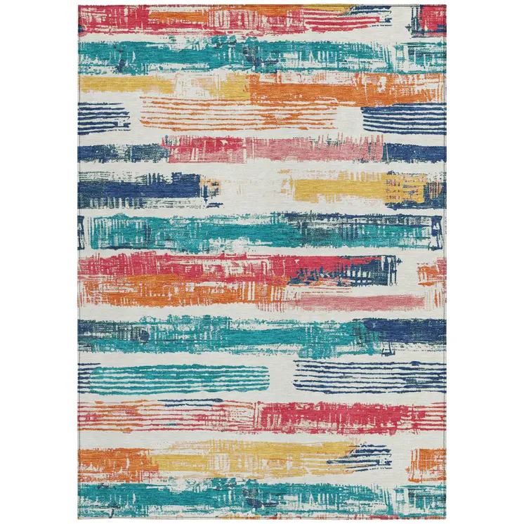 9' X 12' Ivory Teal Blue Orange And Red Striped Washable Indoor Outdoor Area Rug