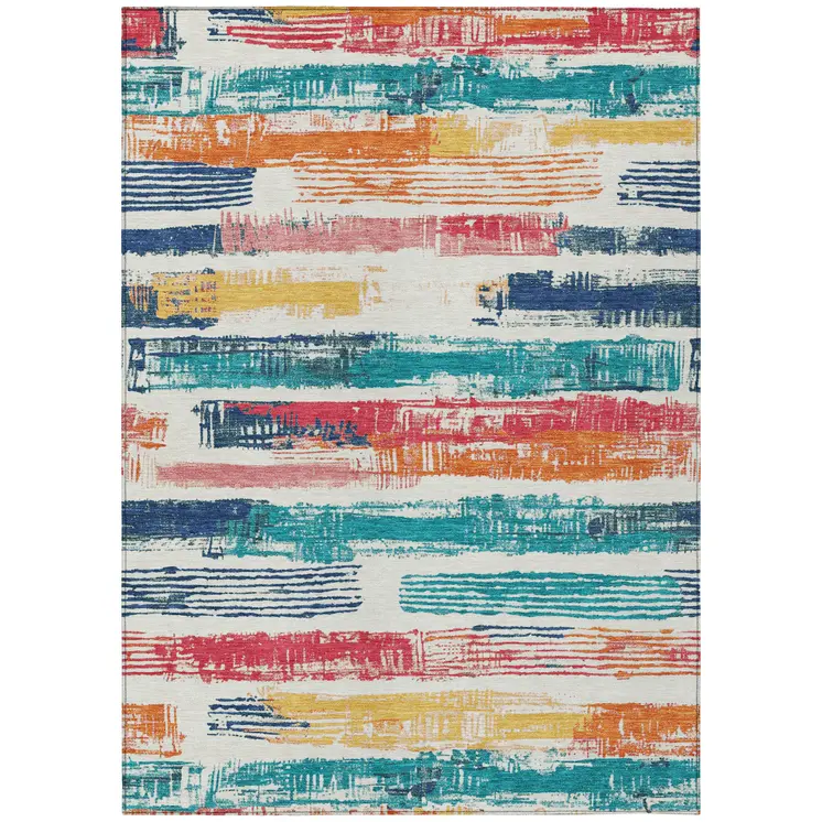 10' X 14' Ivory Teal Blue Orange And Red Striped Washable Indoor Outdoor Area Rug