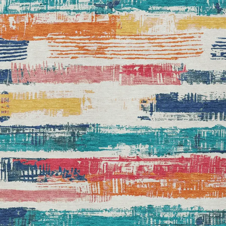 10' X 14' Ivory Teal Blue Orange And Red Striped Washable Indoor Outdoor Area Rug