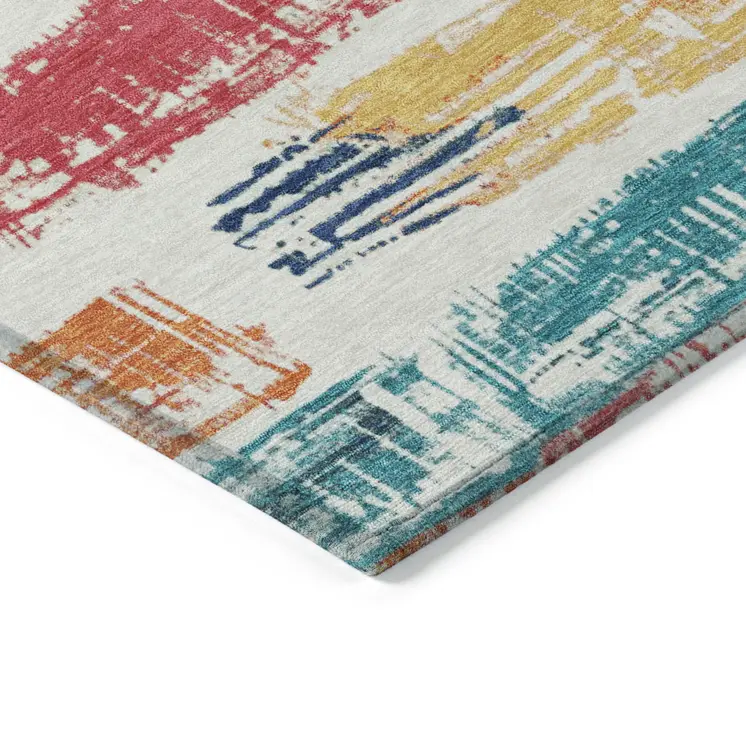 10' X 14' Ivory Teal Blue Orange And Red Striped Washable Indoor Outdoor Area Rug