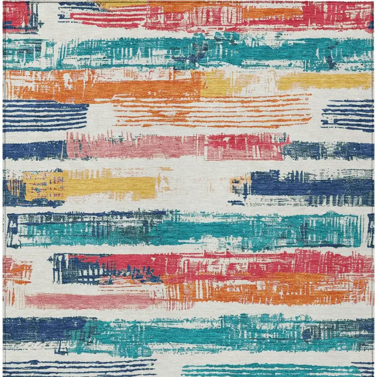 10' X 14' Ivory Teal Blue Orange And Red Striped Washable Indoor Outdoor Area Rug