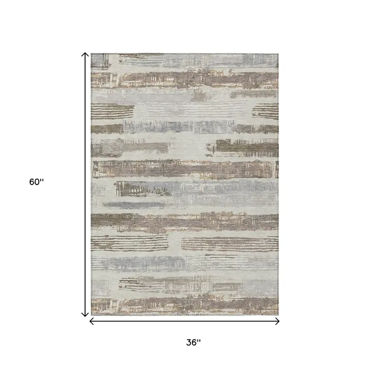 3' X 5' Linen Taupe And Ivory Striped Washable Indoor Outdoor Area Rug