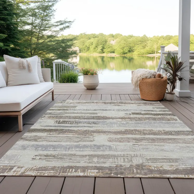 3' X 5' Linen Taupe And Ivory Striped Washable Indoor Outdoor Area Rug