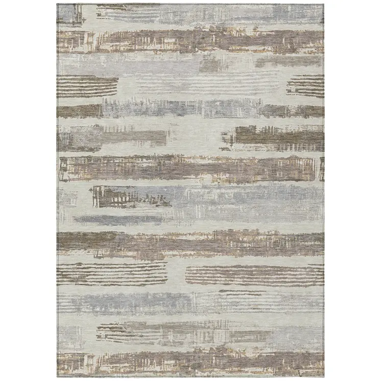 3' X 5' Linen Taupe And Ivory Striped Washable Indoor Outdoor Area Rug