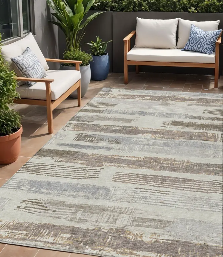 5' X 8' Linen Taupe And Ivory Striped Washable Indoor Outdoor Area Rug