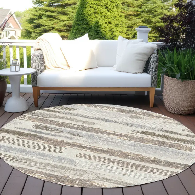 8' Linen Taupe And Ivory Round Striped Washable Indoor Outdoor Area Rug