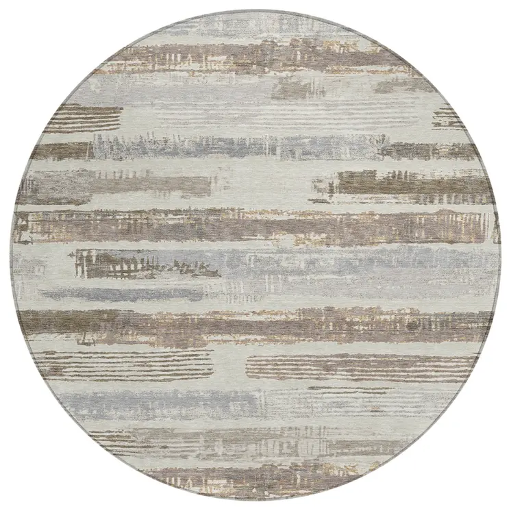 8' Linen Taupe And Ivory Round Striped Washable Indoor Outdoor Area Rug