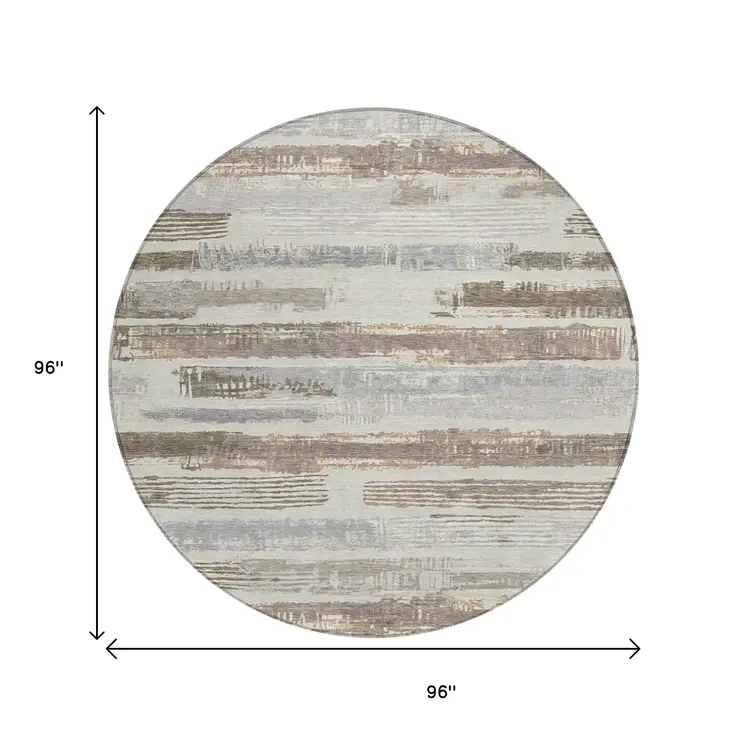 8' Linen Taupe And Ivory Round Striped Washable Indoor Outdoor Area Rug