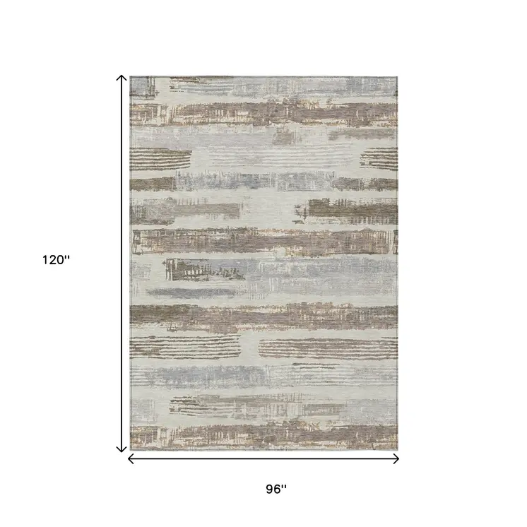 8' X 10' Linen Taupe And Ivory Striped Washable Indoor Outdoor Area Rug
