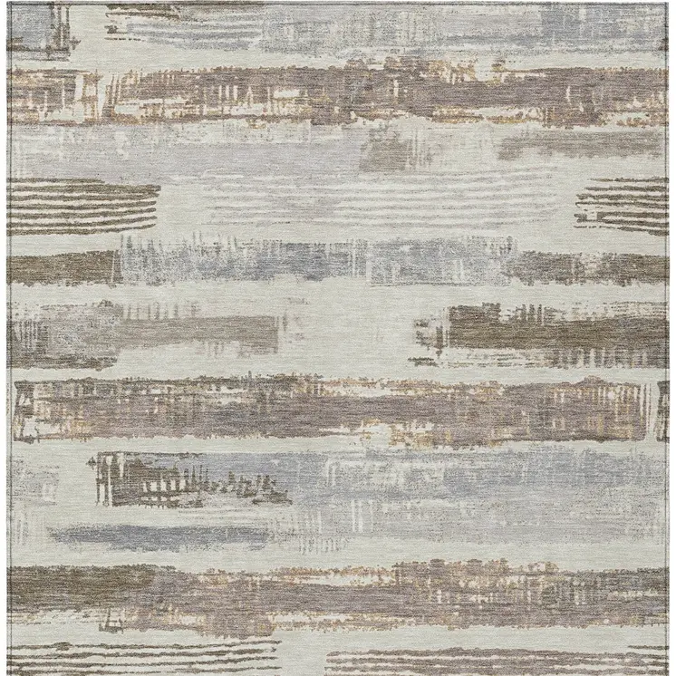 10' X 14' Linen Taupe And Ivory Striped Washable Indoor Outdoor Area Rug