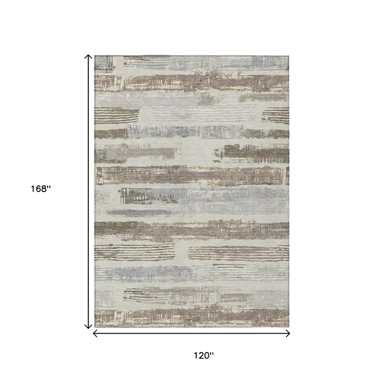 10' X 14' Linen Taupe And Ivory Striped Washable Indoor Outdoor Area Rug