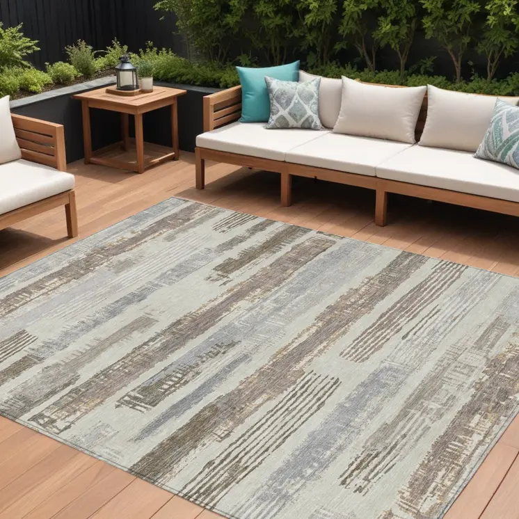 10' X 14' Linen Taupe And Ivory Striped Washable Indoor Outdoor Area Rug