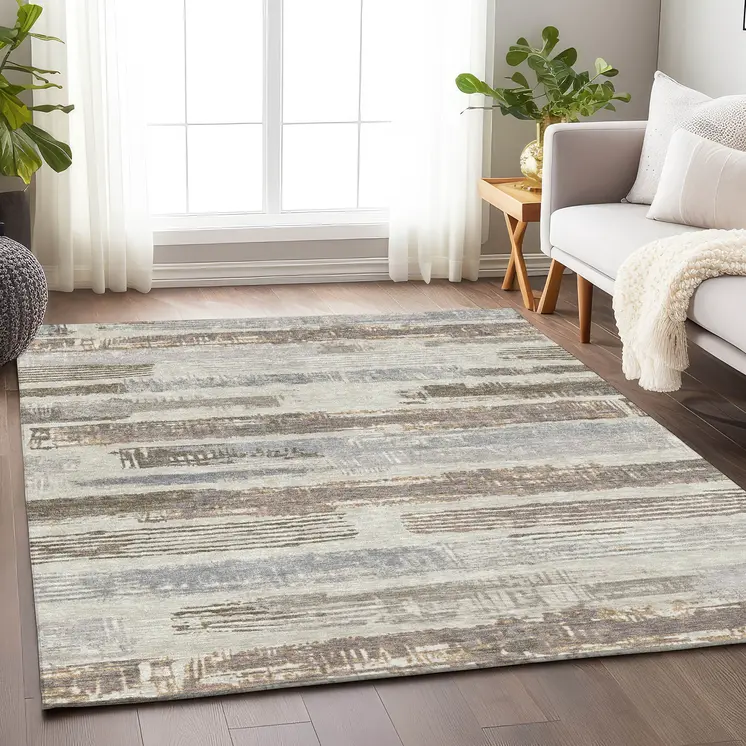 10' X 14' Linen Taupe And Ivory Striped Washable Indoor Outdoor Area Rug