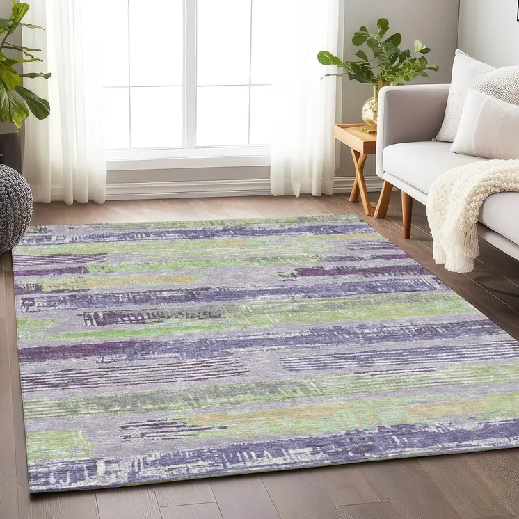 5' X 8' Lavender Purple And Green Striped Washable Indoor Outdoor Area Rug